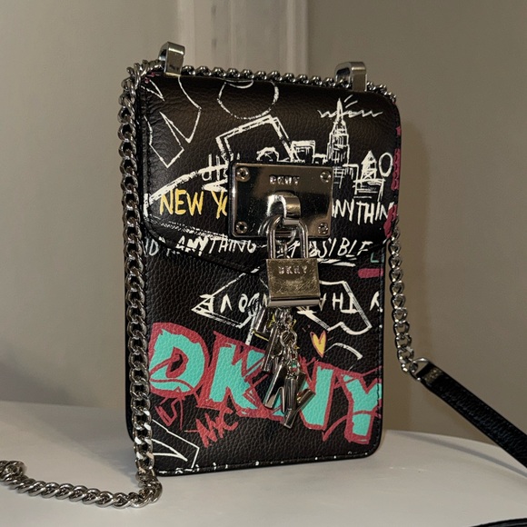 Dkny Handbags - DKNY Elissa Graffiti Logo Pebble Charm Crossbody Bag